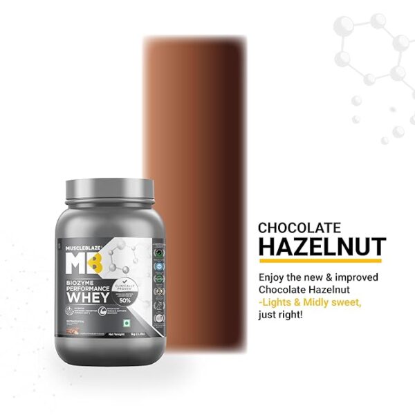 MuscleBlaze Biozyme Performance Whey Protein Powder, Chocolate Hazelnut (1kg / 2.2lbs) | 25g Protein Per Scoop | Clinically Tested 50% Higher Protein Absorption - Image 2