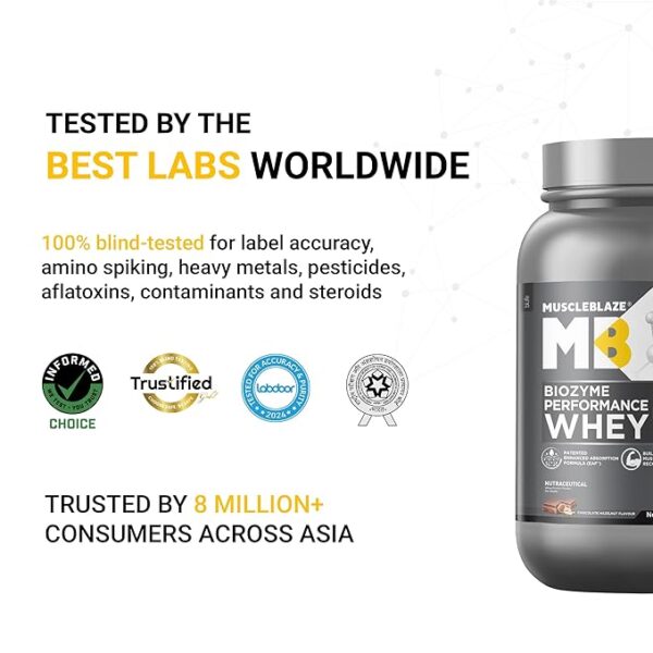 MuscleBlaze Biozyme Performance Whey Protein Powder, Chocolate Hazelnut (1kg / 2.2lbs) | 25g Protein Per Scoop | Clinically Tested 50% Higher Protein Absorption - Image 3